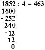1852:4=463, raden under 1600, vannrett strek, raden under - 252, raden under 240, vannrett strek, raden under -12, raden under 12, vannrett strek, 0